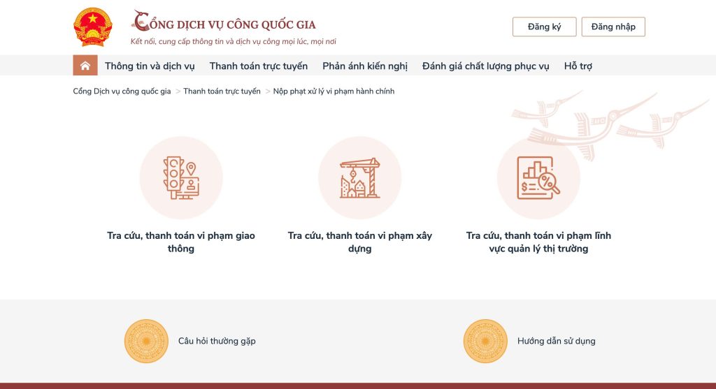màn hình thanh toán nộp phạt nguội ở cổng dịch vụ thông tin quốc gia